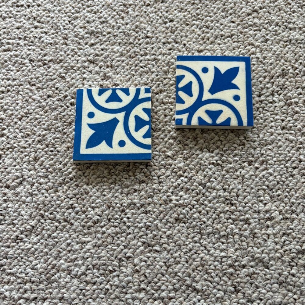 Rare Blue White Encaustic Tiles Set of 2 | Art Deco Spanish Revival Decor - Picture 3 of 7